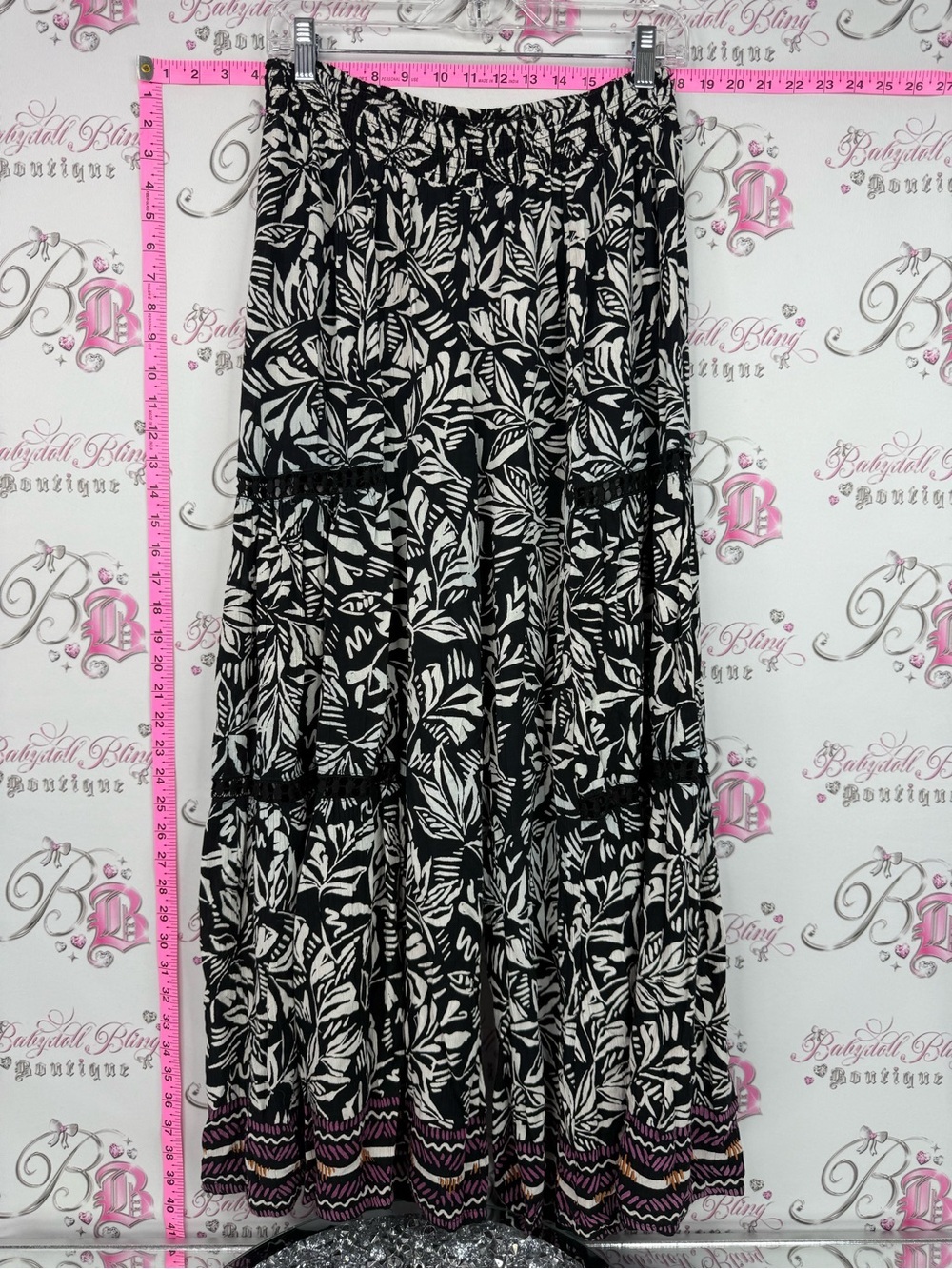 Angie wide leg pants Aztec tropical print crochet cut outs Black White Tiered